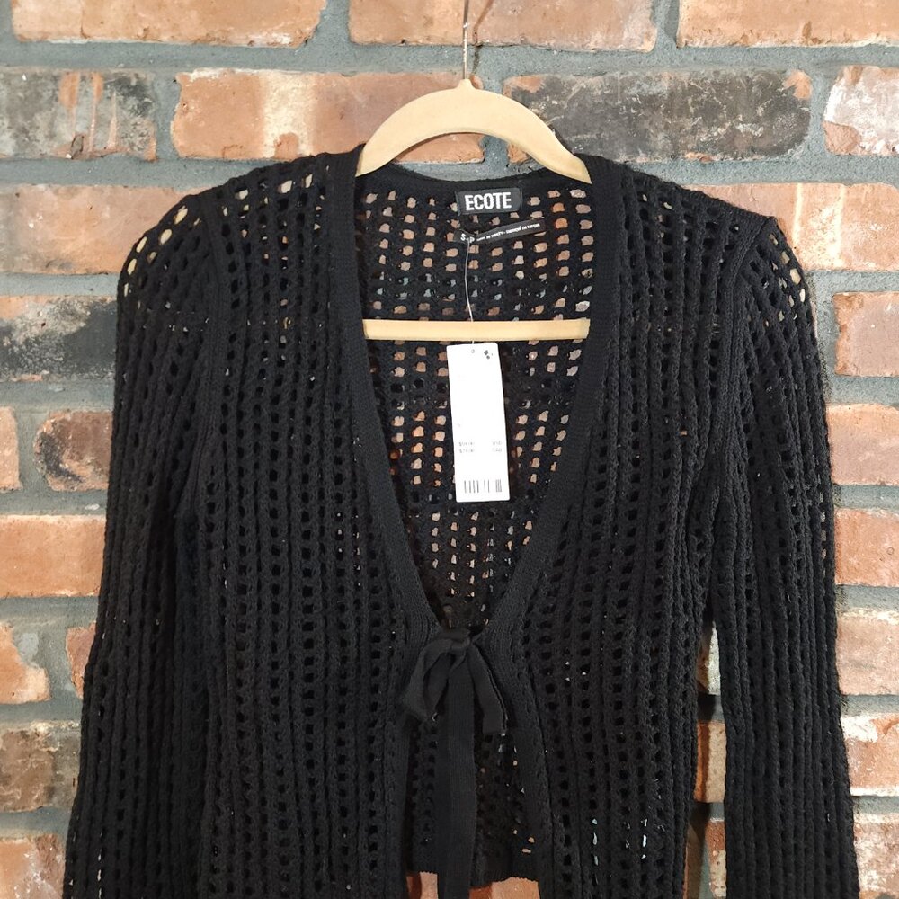 NWT Ecote Joleen Open-Knit Tie-waist Flyaway Cardigan in Black Boho Women's S - Picture 6 of 10
